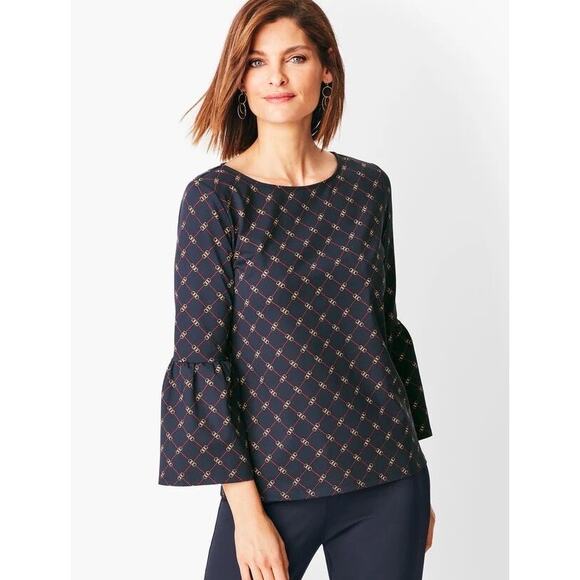 Talbots Womens Chains Jersey Top Sz L Bell Sleeve Equestrian Classy Preppy Flowy - Picture 1 of 9